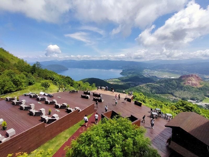 View of Lake Toya and the surroundings from Mount Usu Ropeway Observatory. 